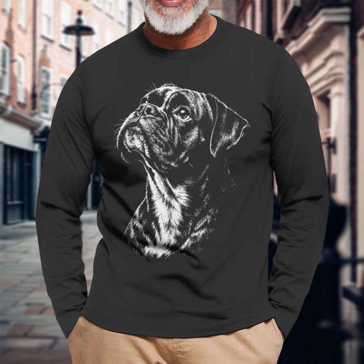 ボクサー 犬 ポートレート 白黒 長袖Tシャツ 高齢者への贈り物