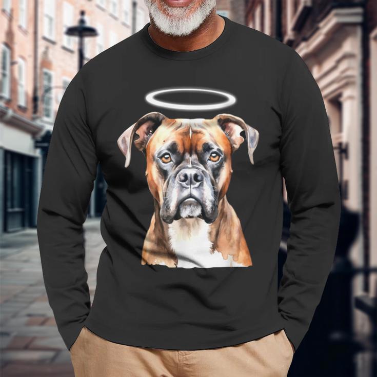ボクサー 犬 天使 長袖Tシャツ 高齢者への贈り物