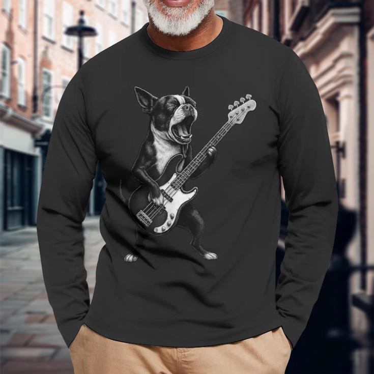 ボストンテリア ベースギター ロックミュージック 犬好き 長袖Tシャツ 高齢者への贈り物