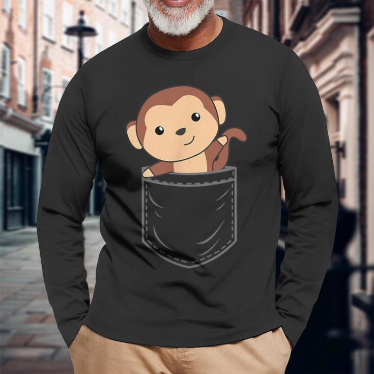 ポケットに入った猿 胸ポケットにかわいい猿 かわいい猿 長袖Tシャツ 高齢者への贈り物