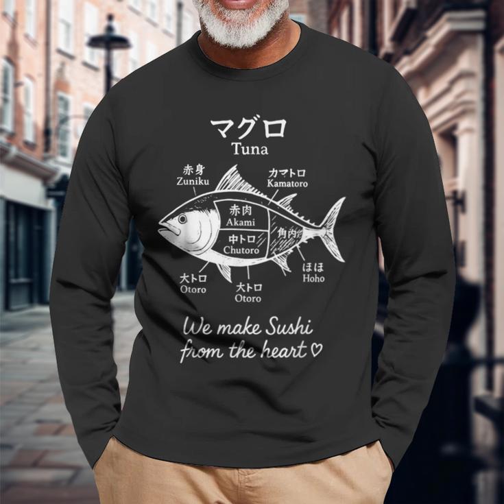 マグロ寿司切り図デザイン 日本料理グラフィック 長袖Tシャツ 高齢者への贈り物