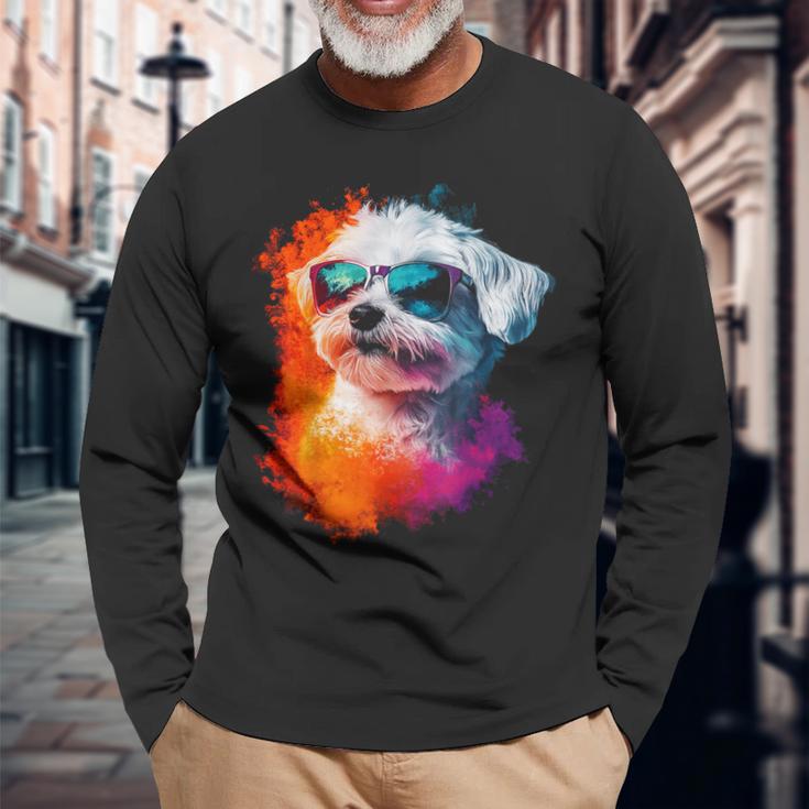 マルチーズ 犬 グラフィック ペット イラスト サングラス マルチーズ 長袖Tシャツ 高齢者への贈り物
