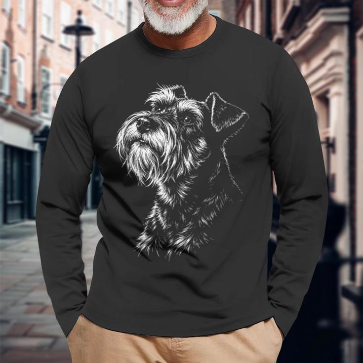 ミニチュアシュナウザー ポートレート 黒と白の犬好き 長袖Tシャツ 高齢者への贈り物