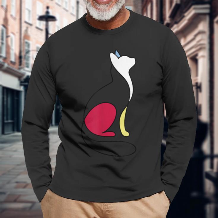ミニマルラインアート ミロ風の猫 長袖Tシャツ 高齢者への贈り物