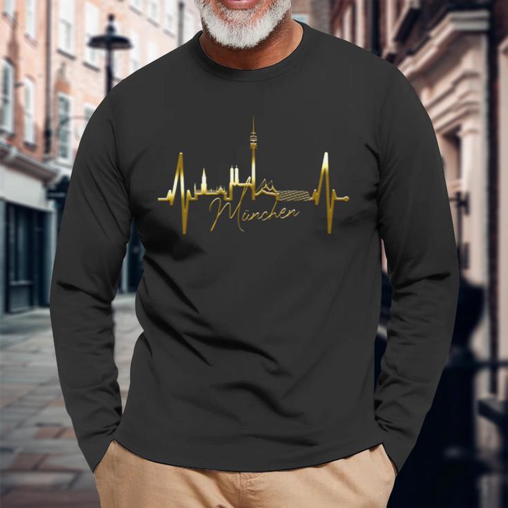 ミュンヘン・スカイライン ハートビート I Love Munich München 長袖Tシャツ 高齢者への贈り物