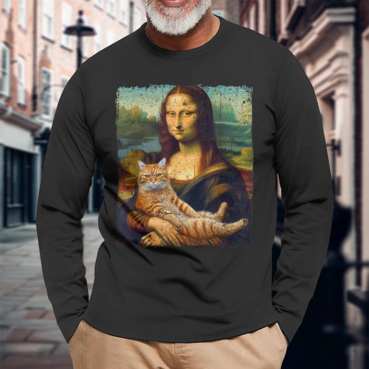 モナリザ 猫とパロディー おもしろアート 絵画 ミーム 長袖Tシャツ 高齢者への贈り物