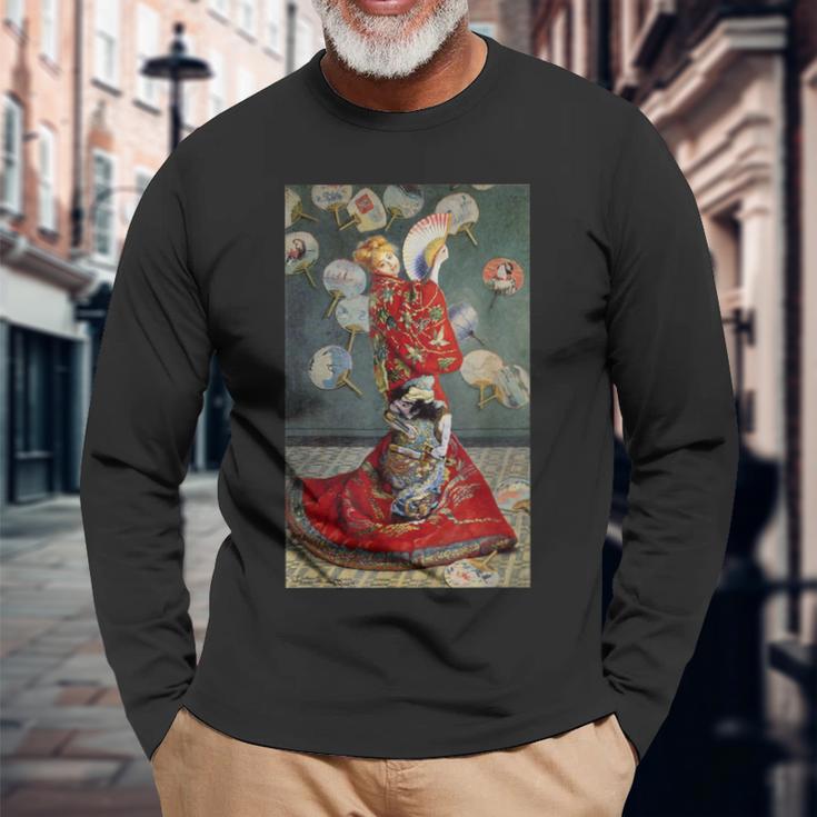 モネのマダム-着物を着たモネ 長袖Tシャツ 高齢者への贈り物
