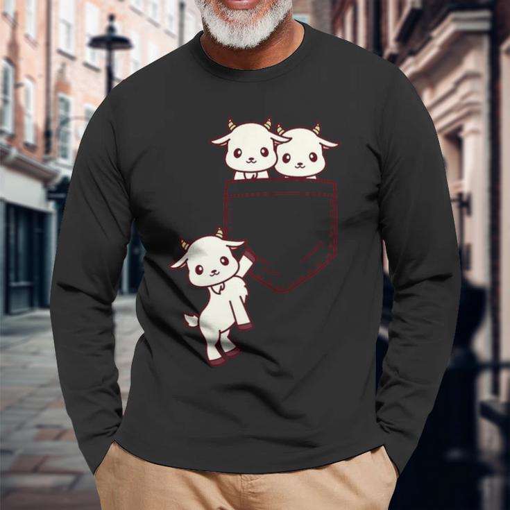 ヤギ好きの方へ かわいいかわいい赤ちゃんヤギのポケット付き 長袖Tシャツ 高齢者への贈り物