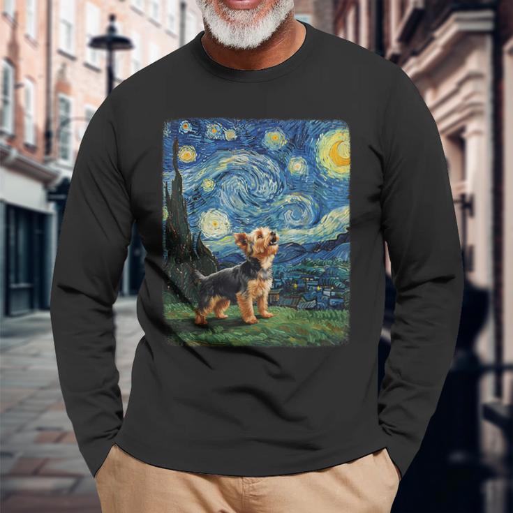 ヨークシャーテリア ハウリングムーン 星月夜 ゴッホ 面白い 長袖Tシャツ 高齢者への贈り物