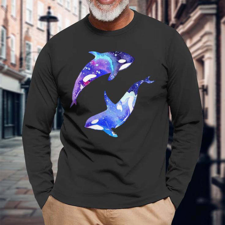 ラブリーなシャチのカップル陰陽スイムアートデザイン 長袖Tシャツ 高齢者への贈り物