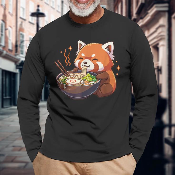 レッサーパンダ ラーメン かわいいレッサーパンダ 長袖Tシャツ 高齢者への贈り物