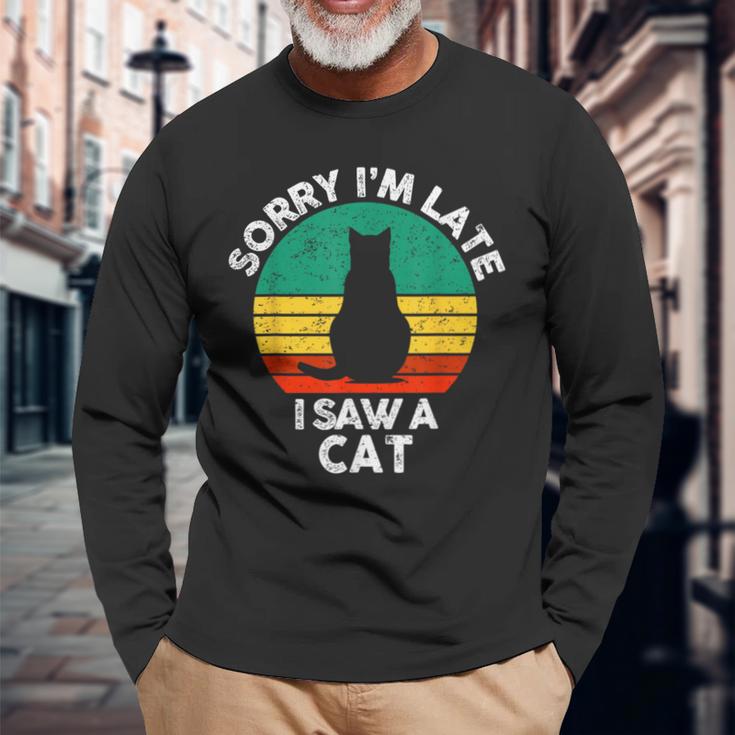 レトロ ヴィンテージorry I'm Late Iaw A Cat かわいい 猫好き 長袖Tシャツ 高齢者への贈り物
