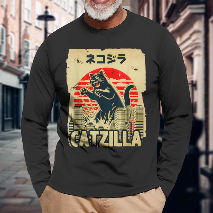 レトロキャットジラtシャツ 陽気な子猫と猫のビンテージポスター 長袖Tシャツ 高齢者への贈り物