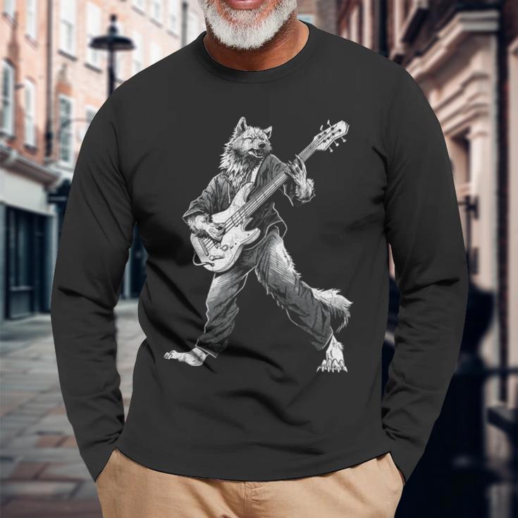 ロックンロールとギターのロッキングウルフ ヴィンテージ Rock Music 長袖Tシャツ 高齢者への贈り物