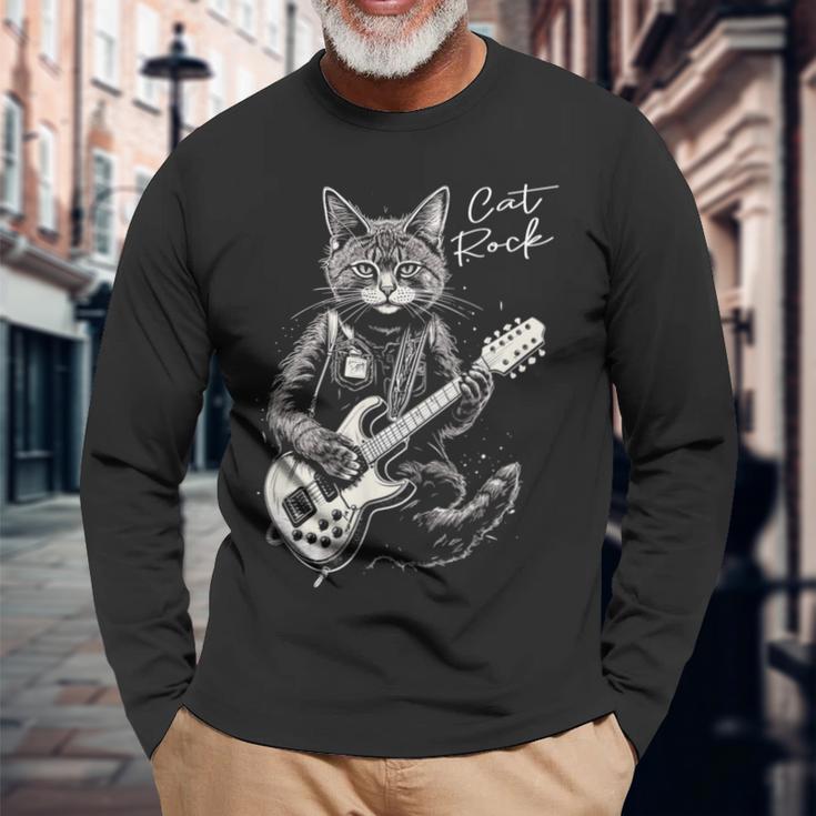 ロック・キャット I ギターを弾く猫 長袖Tシャツ 高齢者への贈り物