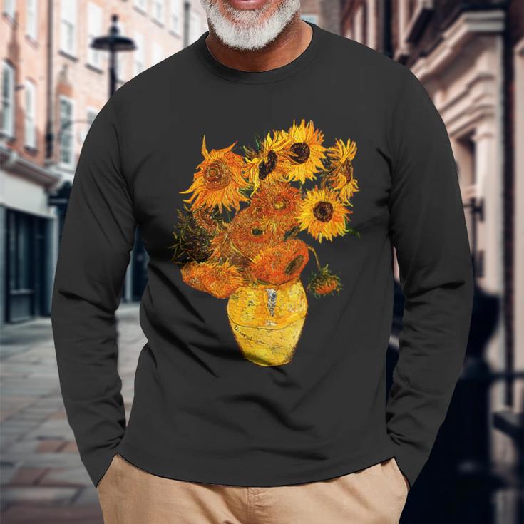 ヴァン・ゴッホ ひまわり ビンテージ イエローフラワー アートペインティング 長袖Tシャツ 高齢者への贈り物