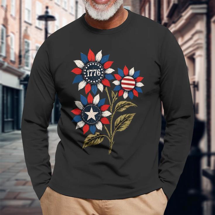ヴィンテージ 1776 愛国心が強いひまわり アメリカ独立記念日 長袖Tシャツ 高齢者への贈り物