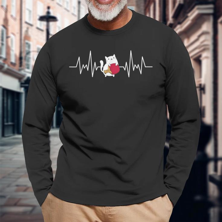 ヴィンテージ 猫 卓球 レトロ 猫 卓球 ハートビート 長袖Tシャツ 高齢者への贈り物