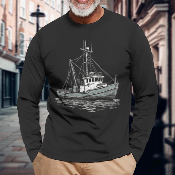 ヴィンテージ漁船 海 レトロ 船 漁師 イラスト 長袖Tシャツ 高齢者への贈り物