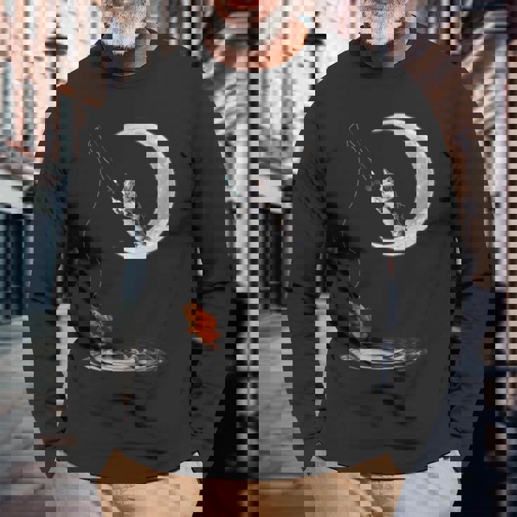 三日月で釣りをする猫 面白い猫愛好家 フィッシャー 長袖Tシャツ 高齢者への贈り物