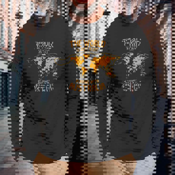 世界はオーストラリア オーストラリアで遊ぶ猫 長袖Tシャツ 高齢者への贈り物