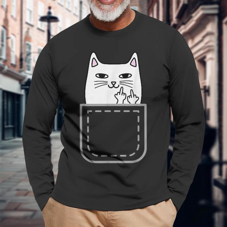 中指 猫 ポケット 面白い 漫画 猫 ホワイト プレミアム 長袖Tシャツ 高齢者への贈り物