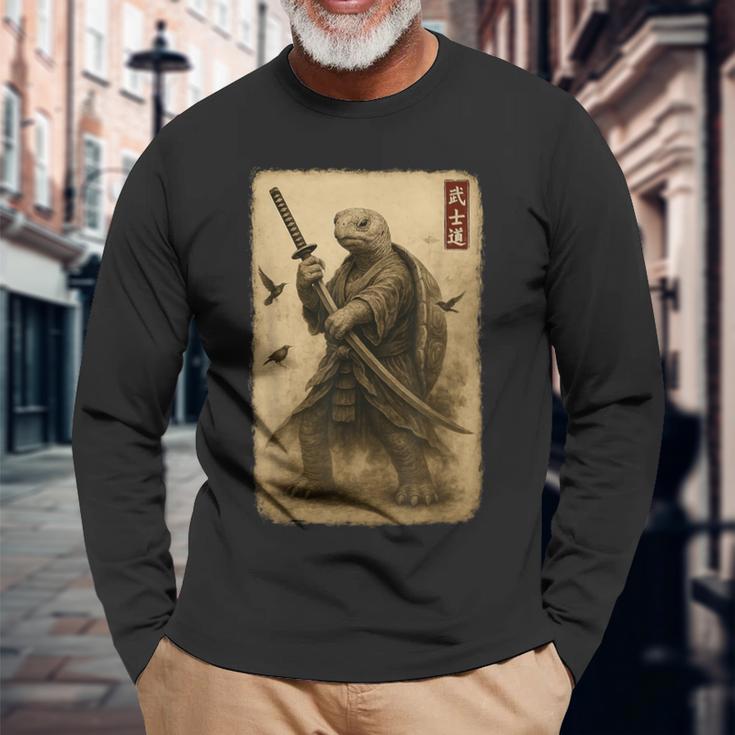 侍亀 日本美術 亀 武士道刀 長袖Tシャツ 高齢者への贈り物