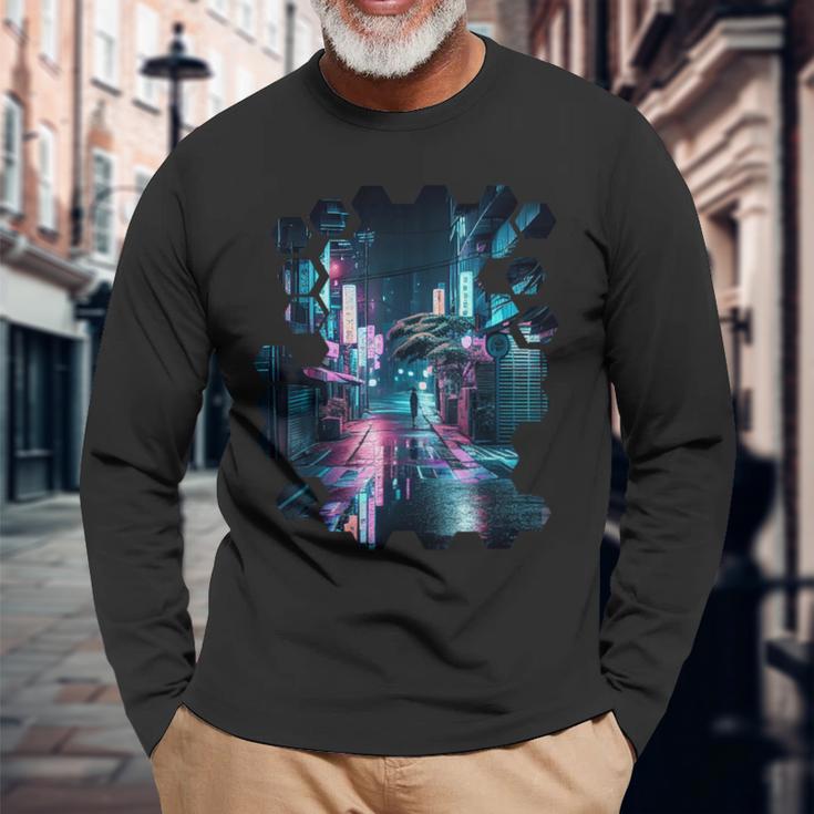 夜の東京のvaporwave美的ストリート日本の芸術 長袖Tシャツ 高齢者への贈り物