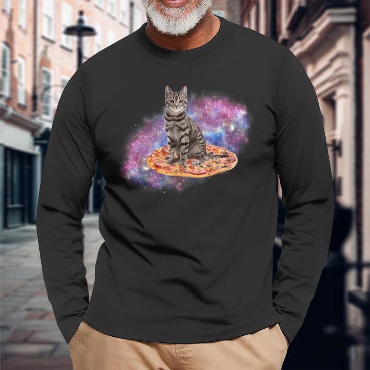 宇宙の猫とピザ 長袖Tシャツ 高齢者への贈り物