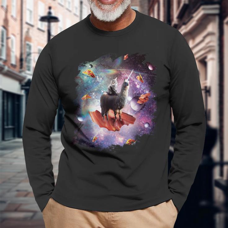 宇宙猫乗馬ユニコーン ラマ ベーコン&タコス 長袖Tシャツ 高齢者への贈り物