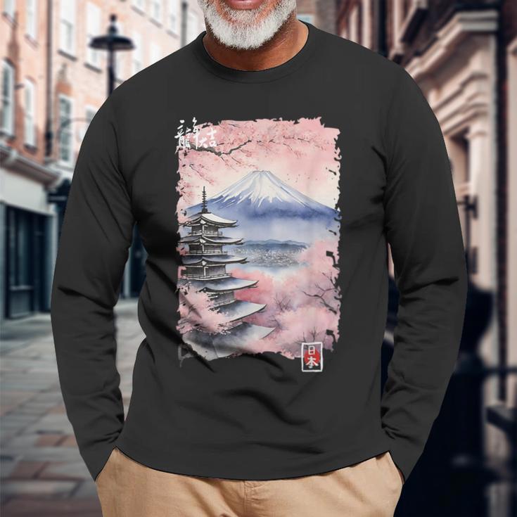 富士山 日本 桜 ヴィンテージ アニメ アート ピンク 長袖Tシャツ 高齢者への贈り物
