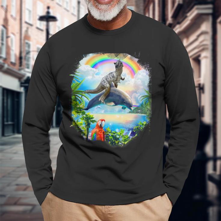 恐竜 ライディング イルカ レインボー イルカ 長袖Tシャツ 高齢者への贈り物