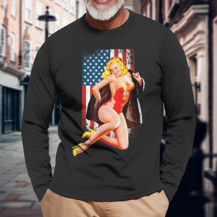愛国的なヴィンテージセクシーピンナップガール 長袖Tシャツ 高齢者への贈り物