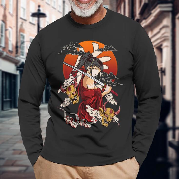 戦士芸者w鬼マスク 長袖Tシャツ 高齢者への贈り物