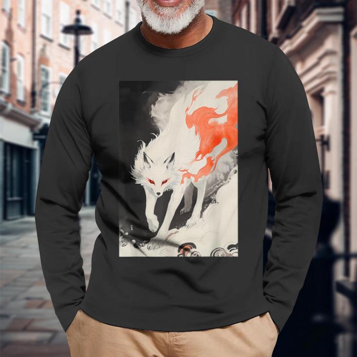 日本 キツネ 妖怪 白狐 幽霊 浮世絵 ヴィンテージ 長袖Tシャツ 高齢者への贈り物