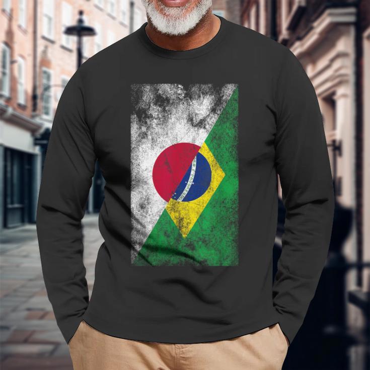 日本とブラジルの国旗 日本ブラジル人 長袖Tシャツ 高齢者への贈り物