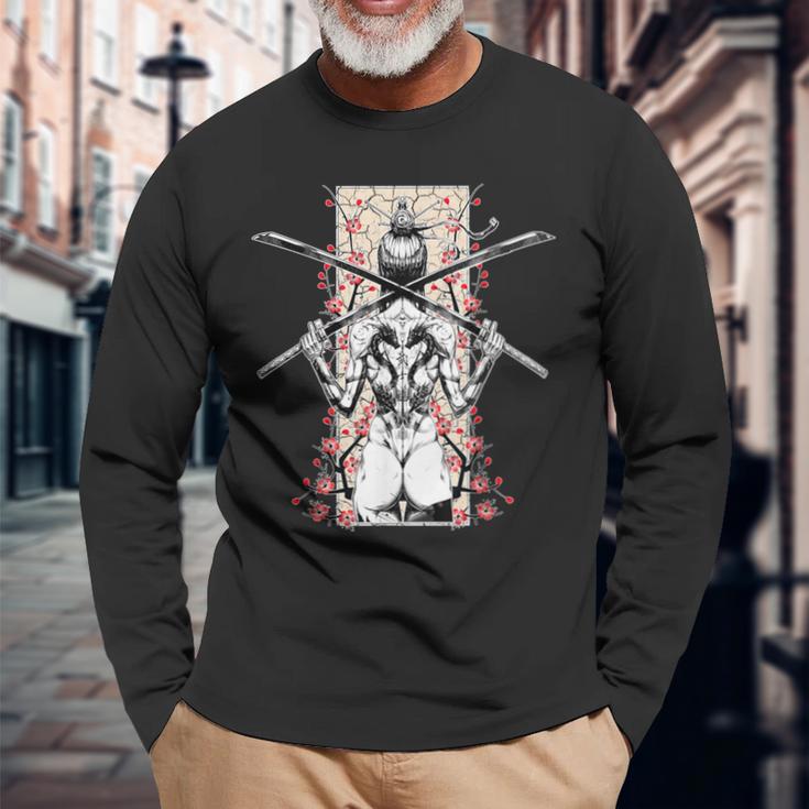 日本のサムライガールとヴィンテージさくら桜ギフト 長袖Tシャツ 高齢者への贈り物