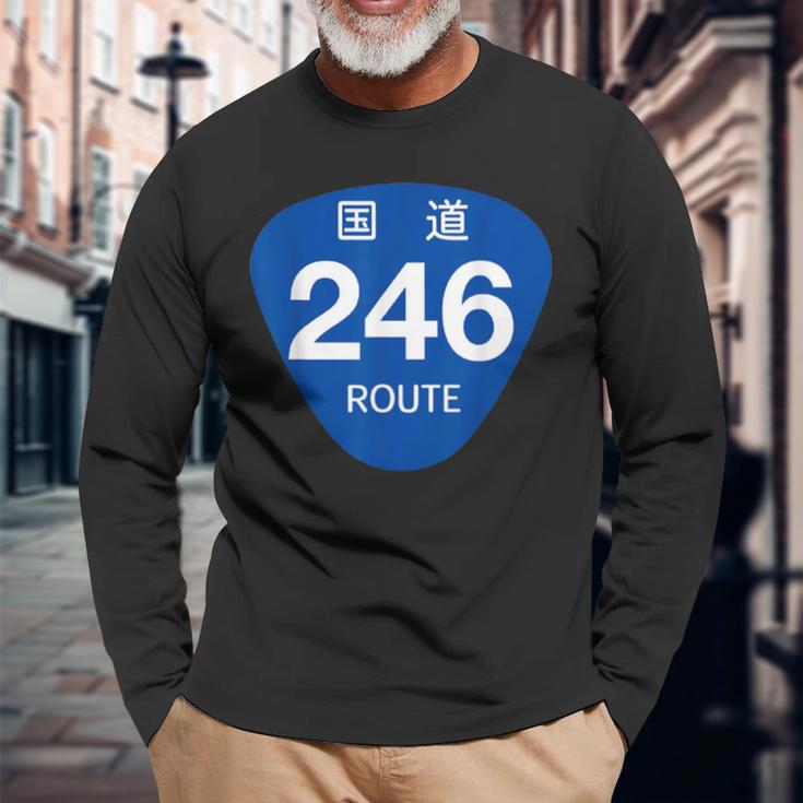 日本の道路標識デザイン国道246号線プリント 長袖Tシャツ 高齢者への贈り物