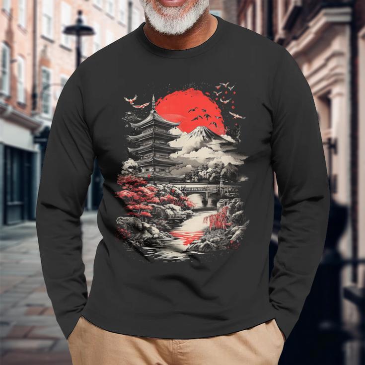 日本塔 富士山 桜 風景 ヴィンテージ 長袖Tシャツ 高齢者への贈り物
