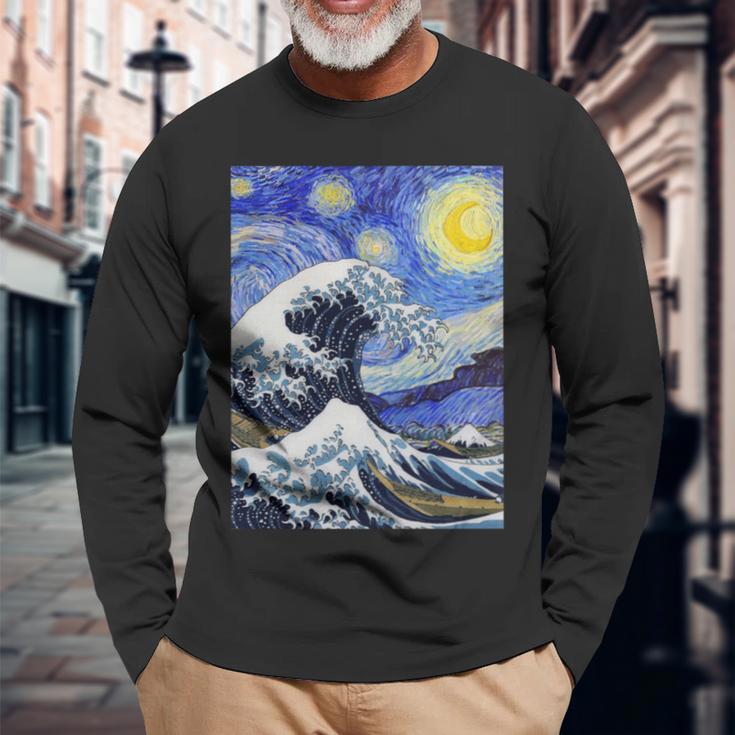 星月夜リメイクとミックスされた神奈川の大波 長袖tシャツ 長袖Tシャツ 高齢者への贈り物