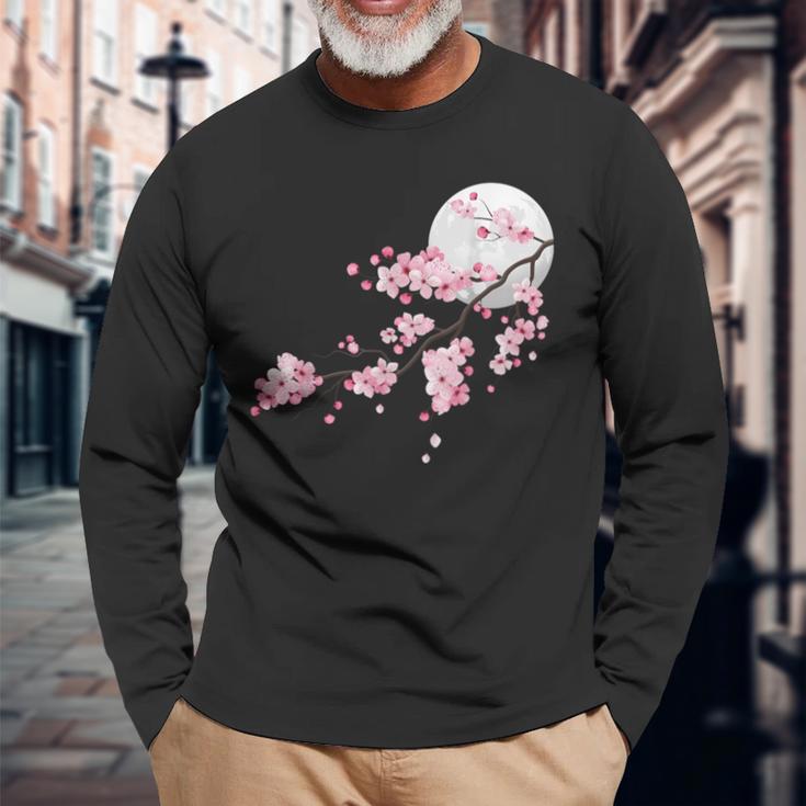 桜の木と月 日本の美しい桜 春 長袖Tシャツ 高齢者への贈り物