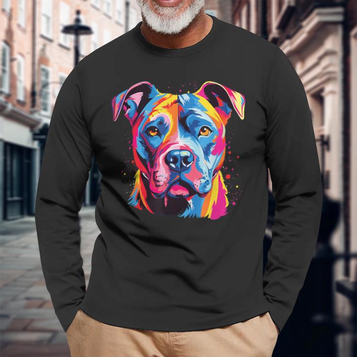 水彩のカラフルなアメリカン ピット ブル テリア犬 長袖Tシャツ 高齢者への贈り物