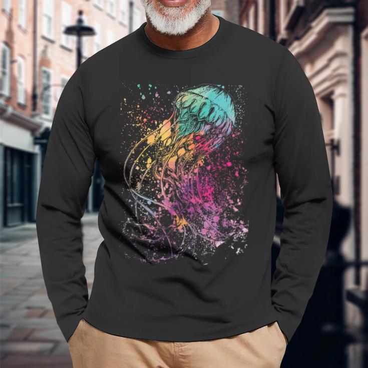 水彩画のクラゲアート。 長袖Tシャツ 高齢者への贈り物