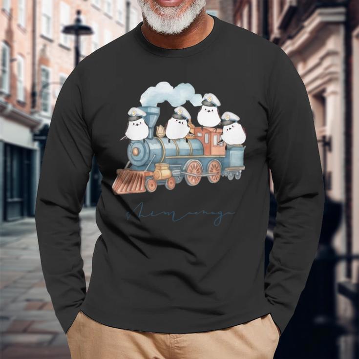 汽車とシマエナガ 長袖Tシャツ 高齢者への贈り物