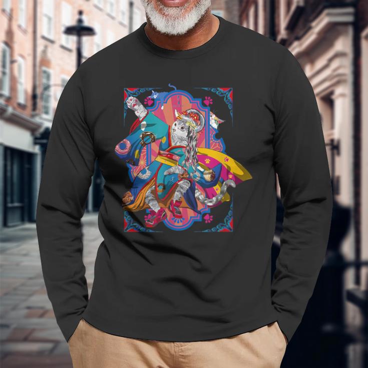 浮世絵シリーズ 踊る猫芸妓 サバトラ 長袖Tシャツ 高齢者への贈り物