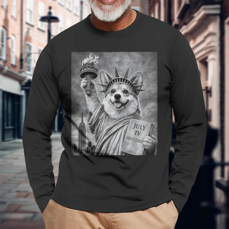 犬 像 自由 面白い 自由 白 ブラック ウェルシュ コーギー 長袖Tシャツ 高齢者への贈り物