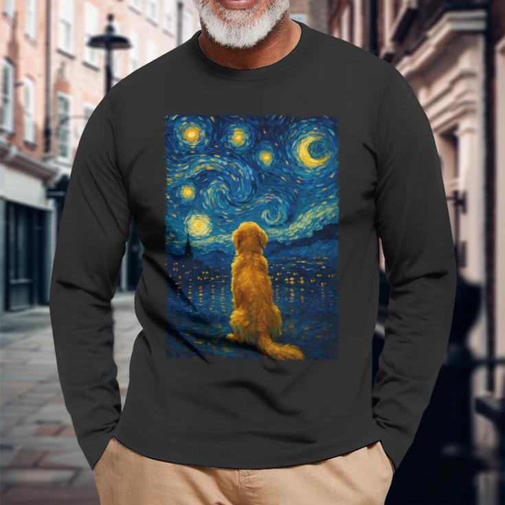 犬 天体観測 ゴッホ 夜空 ゴールデンレトリバー ラブラドール 長袖tシャツ 長袖Tシャツ 高齢者への贈り物