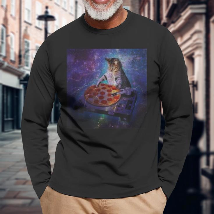 猫 ピザ スクラッチミュージック ダンス クラブ パーティー レコード レーザーシャツ 長袖Tシャツ 高齢者への贈り物