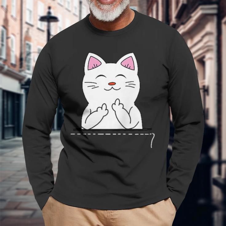 猫 中指 おもしろバッグ 長袖Tシャツ 高齢者への贈り物