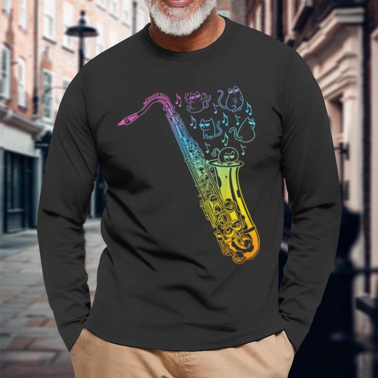 猫とサックスのサクソフォン楽器 長袖Tシャツ 高齢者への贈り物